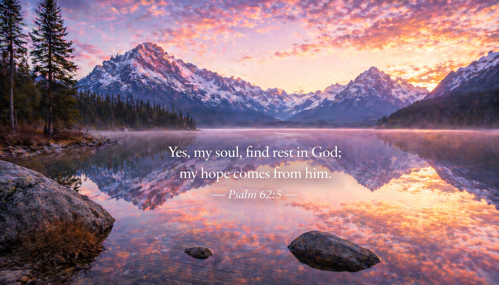 Perfectly still mountain lake at dawn reflecting snow-capped peaks and pink gold sky with mist on surface -- Psalm 62:5 rest in God wallpaper